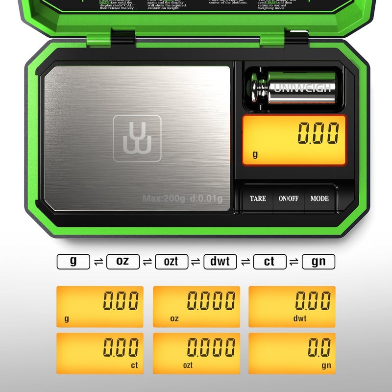 UNIWEIGH Digital Pocket Scale 200g/0.01g, Digital Scale Grams, Jewelry Scale,Coins Scale with 50g Cal Weights for Powder,Small Items,Tea,Jewelry,Coins (Battery Included)-Fluorescent Green - Image 2